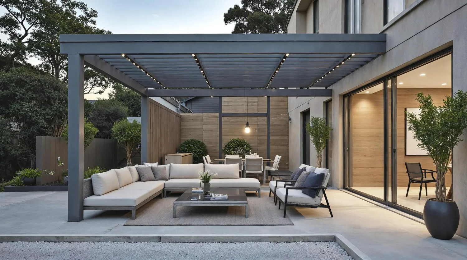 Oasis de patio extérieur avec pergola et mobilier moderne